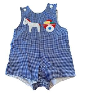 Vintage Baby Romper Blue Gingham Horse Wagon Applique Size 4T Toddler Retro
